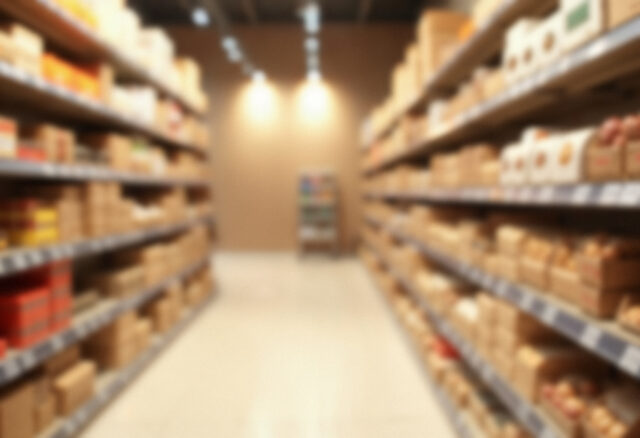 Blurry supermarket aisle with tall shelves filled with boxes and warm overhead lighting.