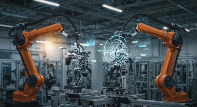 Two orange industrial robots assemble parts on a high-tech production line with holographic UI.