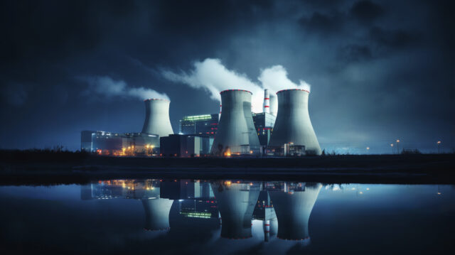 Nighttime view of a power plant with three cooling towers emitting steam, illuminated and reflected in a calm body of water