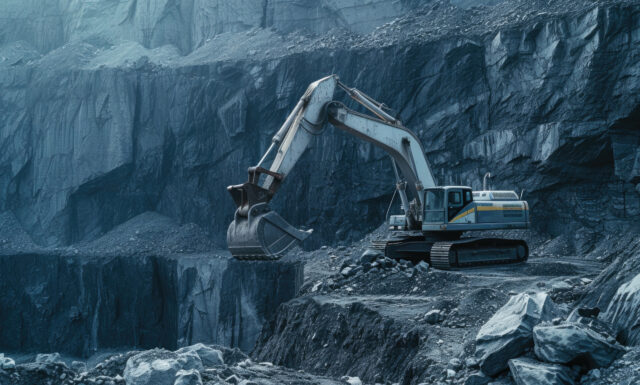 Excavator operating on a rocky quarry edge, preparing to scoop material from a cliffside pit.