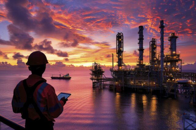 Silhouette of a worker in a hard hat and high‑visibility jacket overlooking an offshore oil platform at sunset.